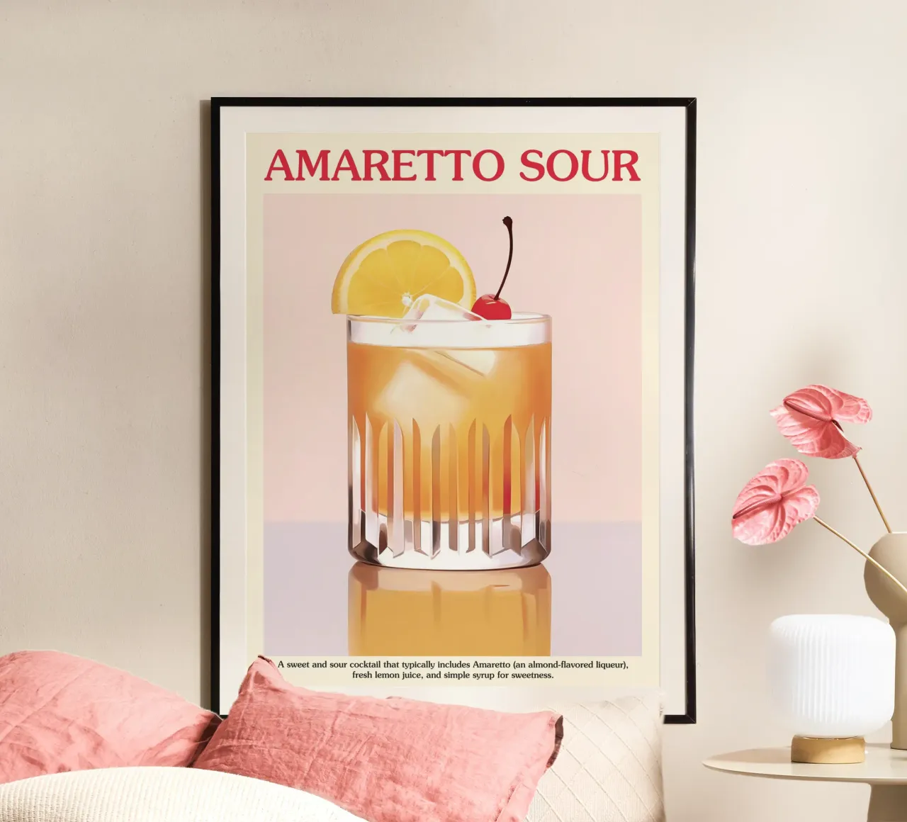 Amaretto Sour Cocktail Recipe poster con telaio in legno da Peaches Art Prints