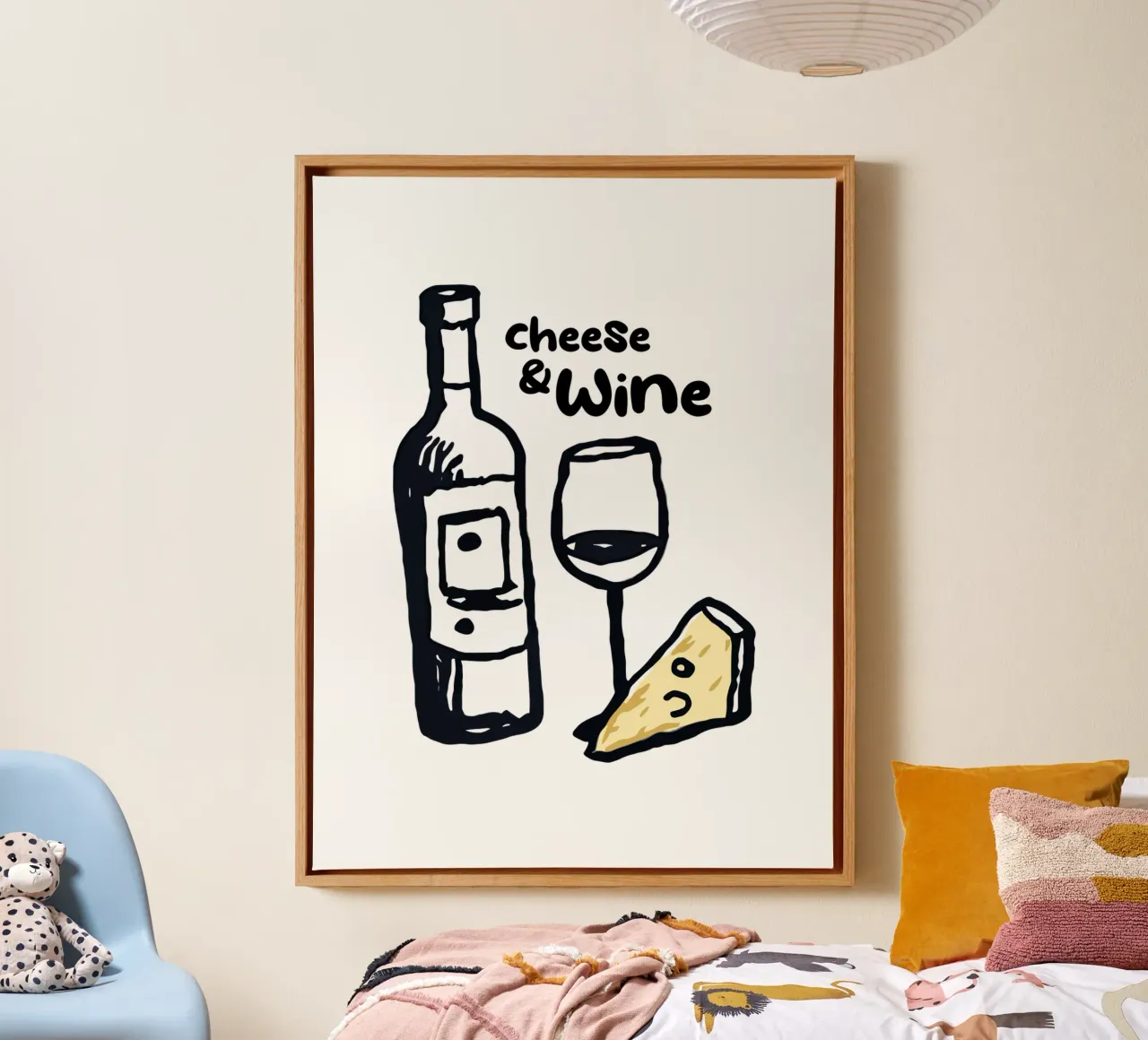 Disegno di formaggi e vini per la cucina tela con Cornice a cassetta da Peaches Art Prints