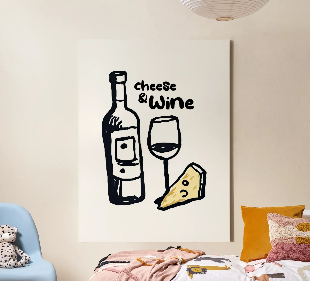 Disegno di formaggi e vini per la cucina tela con Cornice a cassetta da Peaches Art Prints