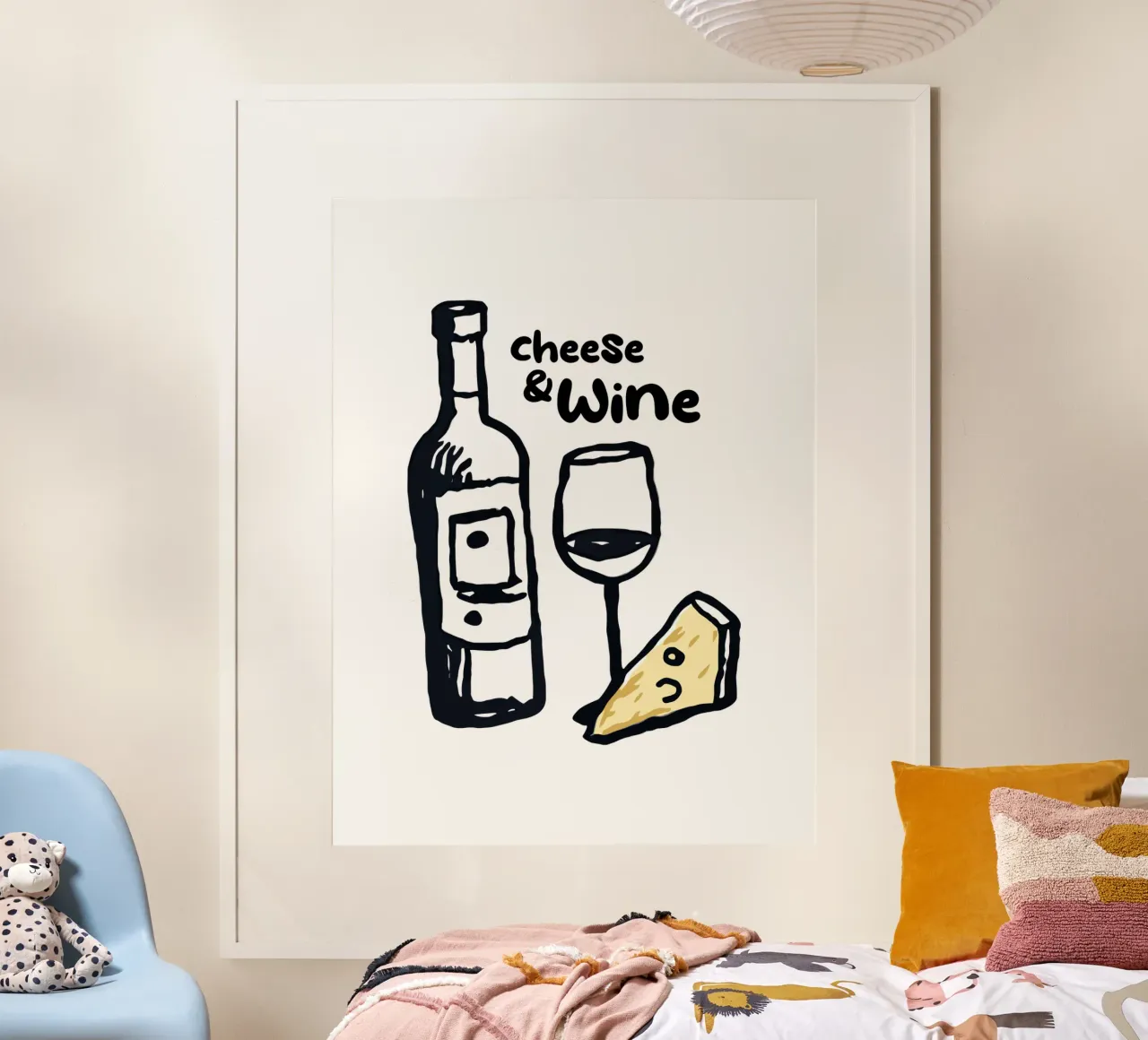 Disegno di formaggi e vini per la cucina poster con telaio in alluminio da Peaches Art Prints