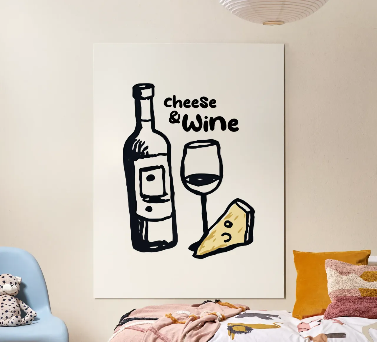 Disegno di formaggi e vini per la cucina poster con telaio in alluminio da Peaches Art Prints