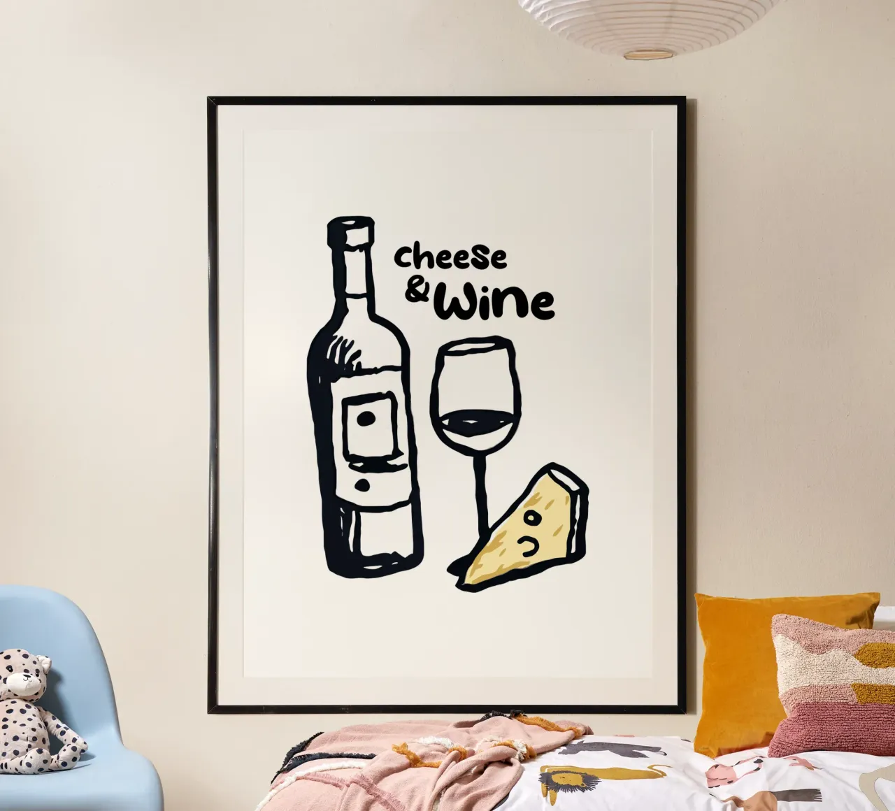 Disegno di formaggi e vini per la cucina poster con telaio in alluminio da Peaches Art Prints
