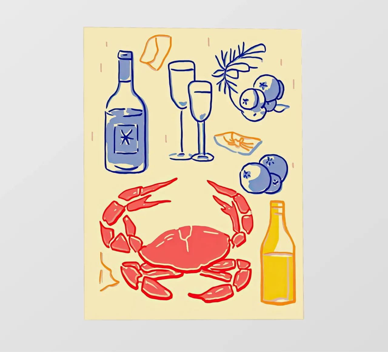 Granchio e vino, cibo per l'illustrazione della cucina pellicola backlit da Peaches Art Prints