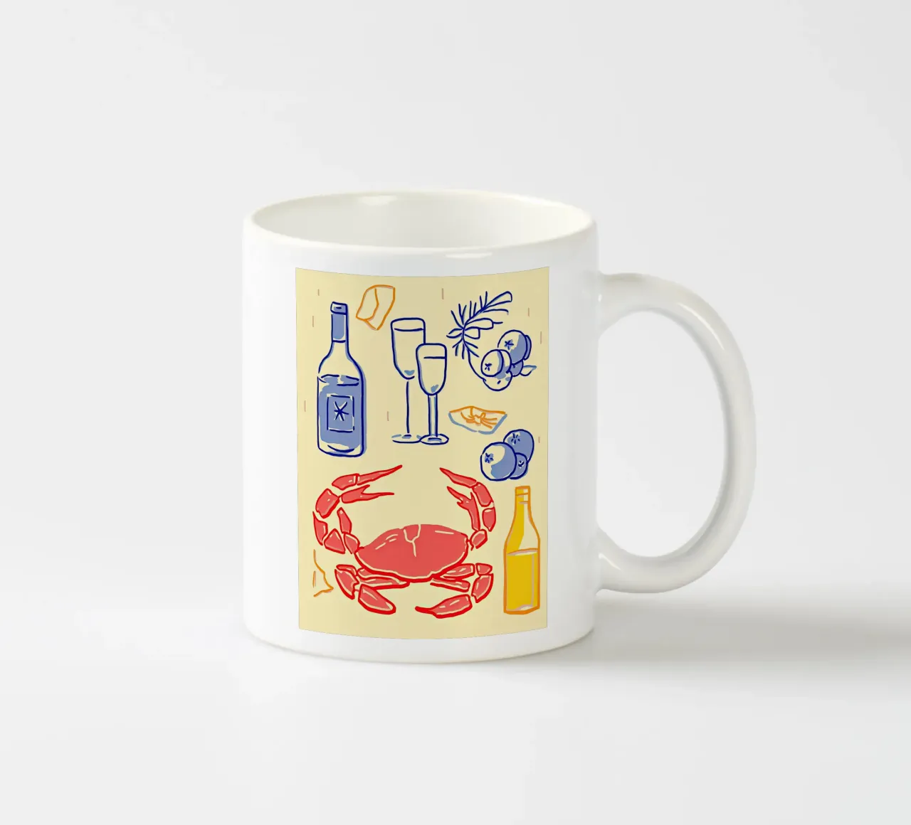 Granchio e vino, cibo per l'illustrazione della cucina tazza in ceramica da Peaches Art Prints