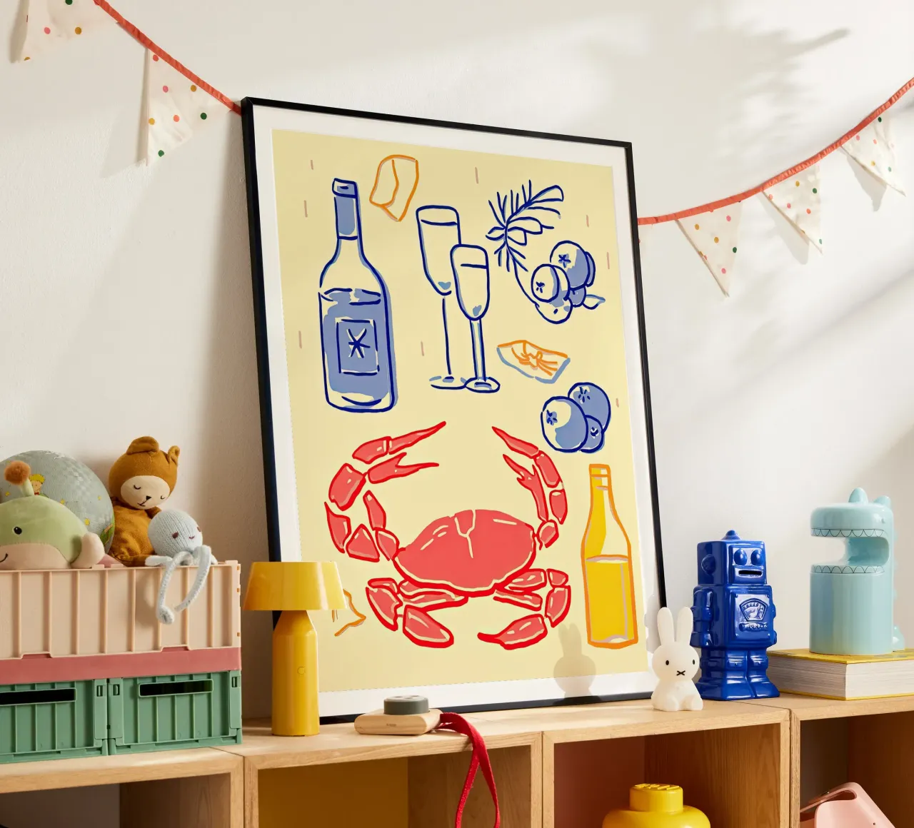 Granchio e vino, cibo per l'illustrazione della cucina poster con telaio in alluminio da Peaches Art Prints