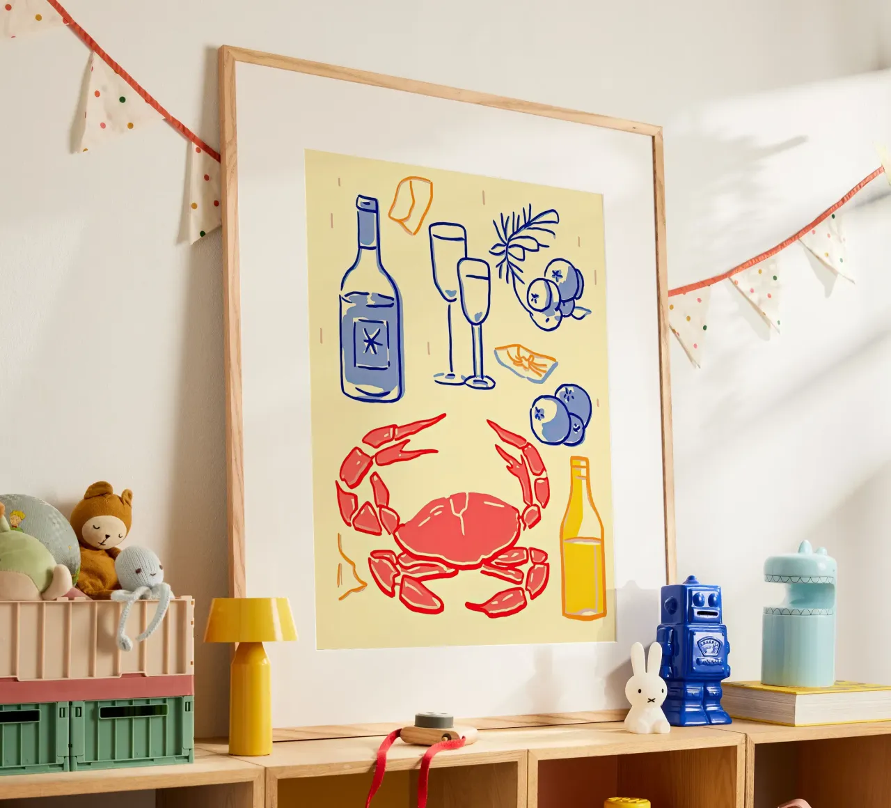 Granchio e vino, cibo per l'illustrazione della cucina poster con telaio in alluminio da Peaches Art Prints