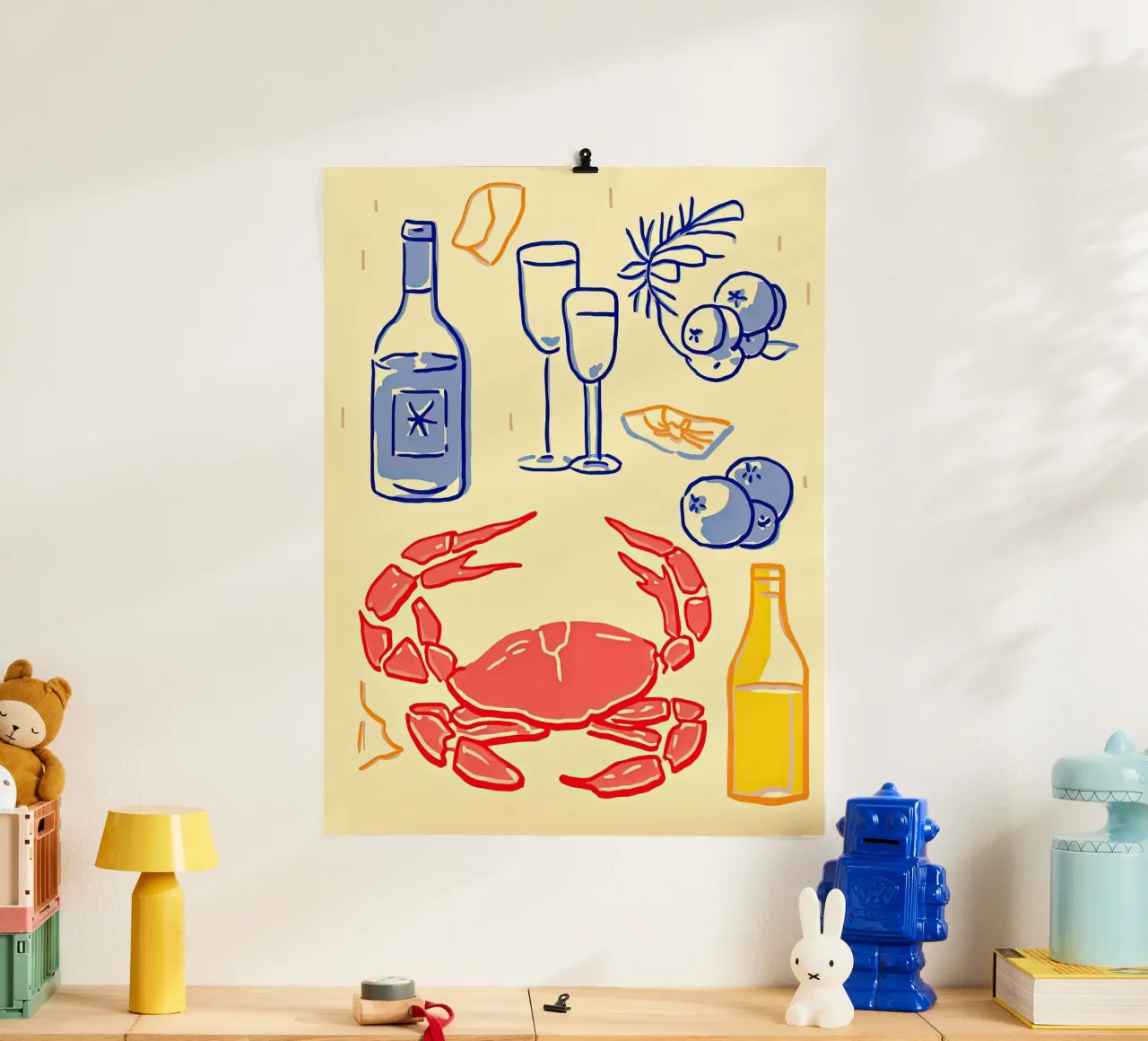 Granchio e vino, cibo per l'illustrazione della cucina poster con telaio in alluminio da Peaches Art Prints