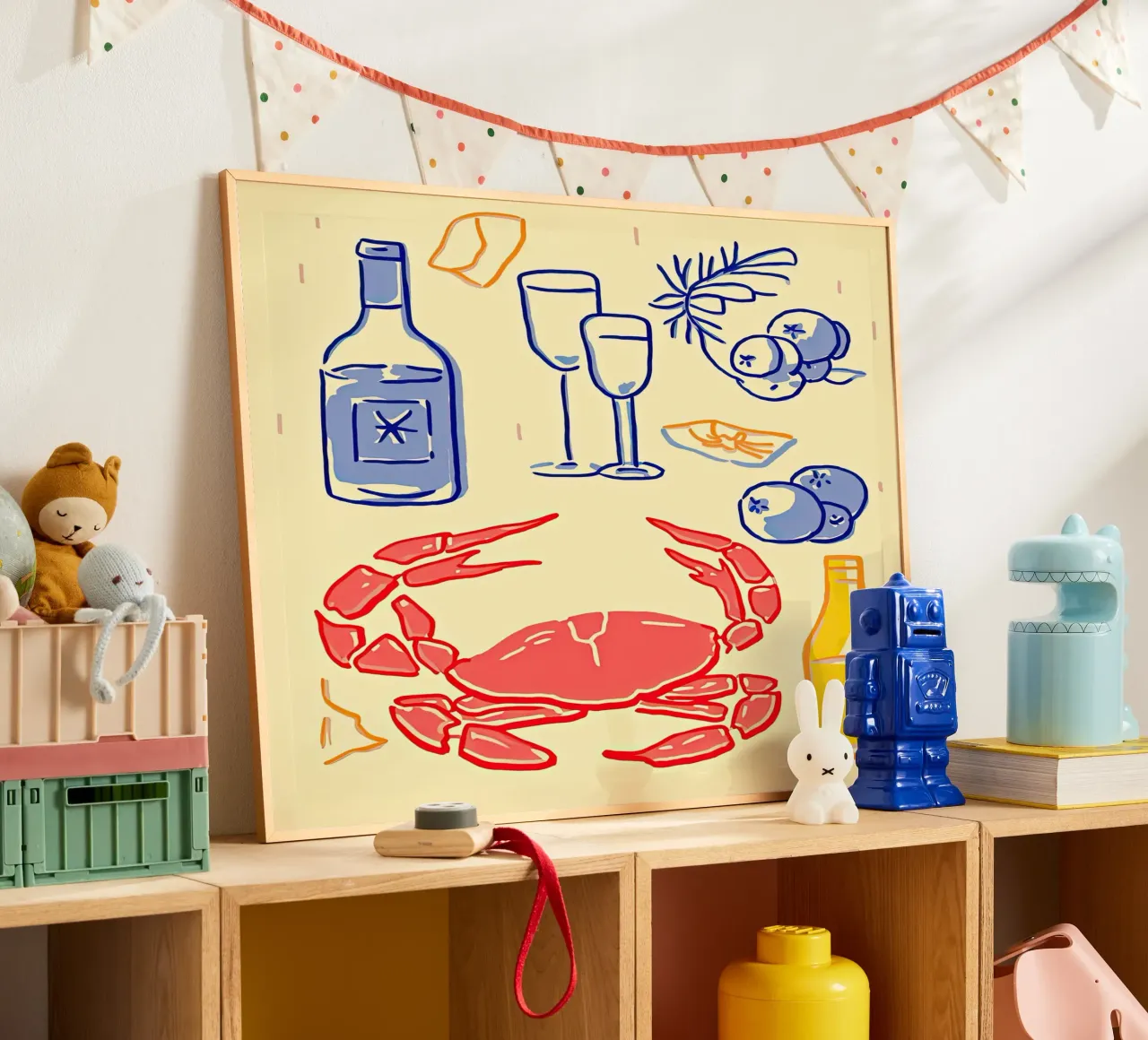 Granchio e vino, cibo per l'illustrazione della cucina poster con telaio in alluminio da Peaches Art Prints