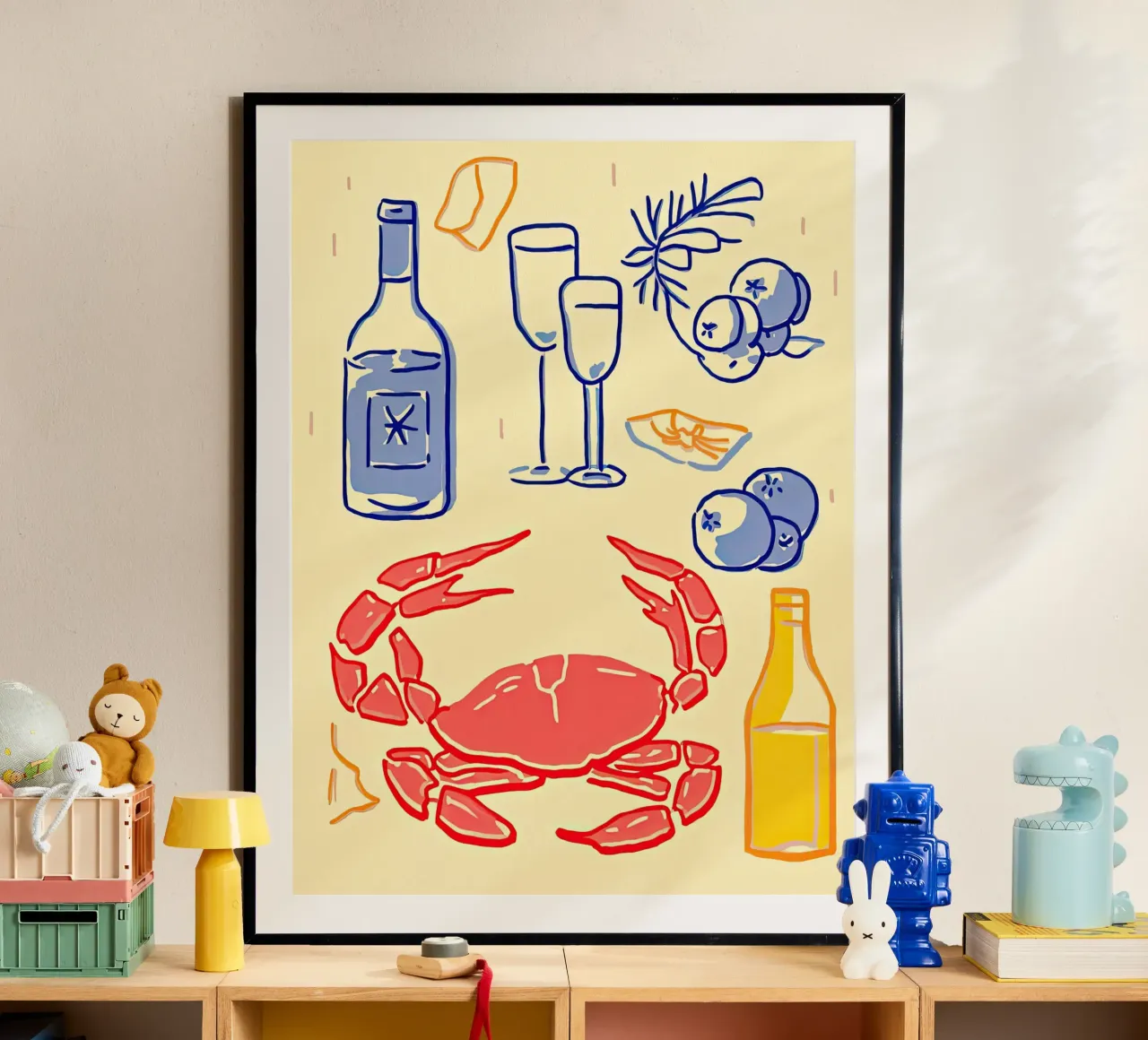 Granchio e vino, cibo per l'illustrazione della cucina poster con telaio in alluminio da Peaches Art Prints