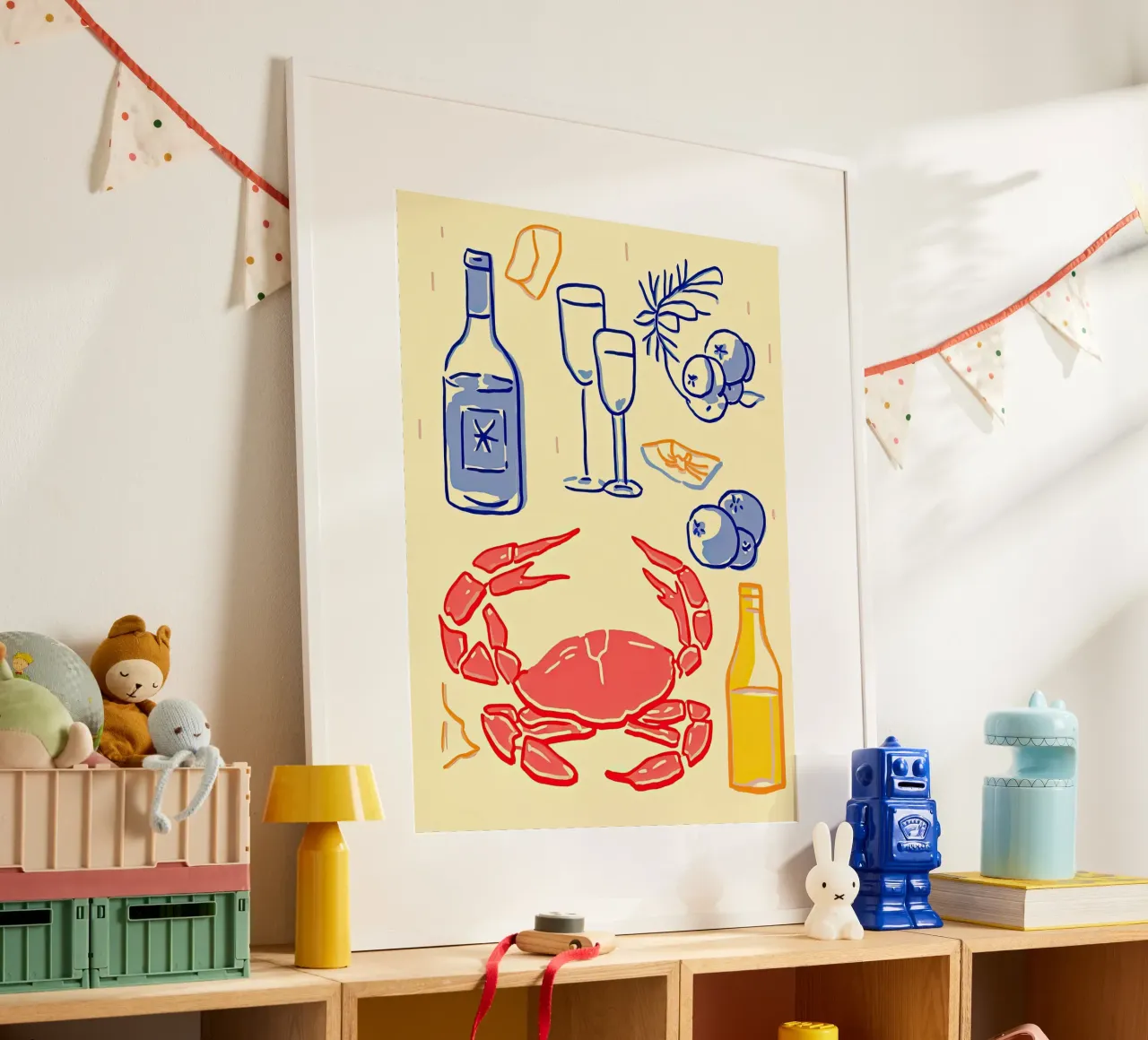 Granchio e vino, cibo per l'illustrazione della cucina poster con telaio in alluminio da Peaches Art Prints