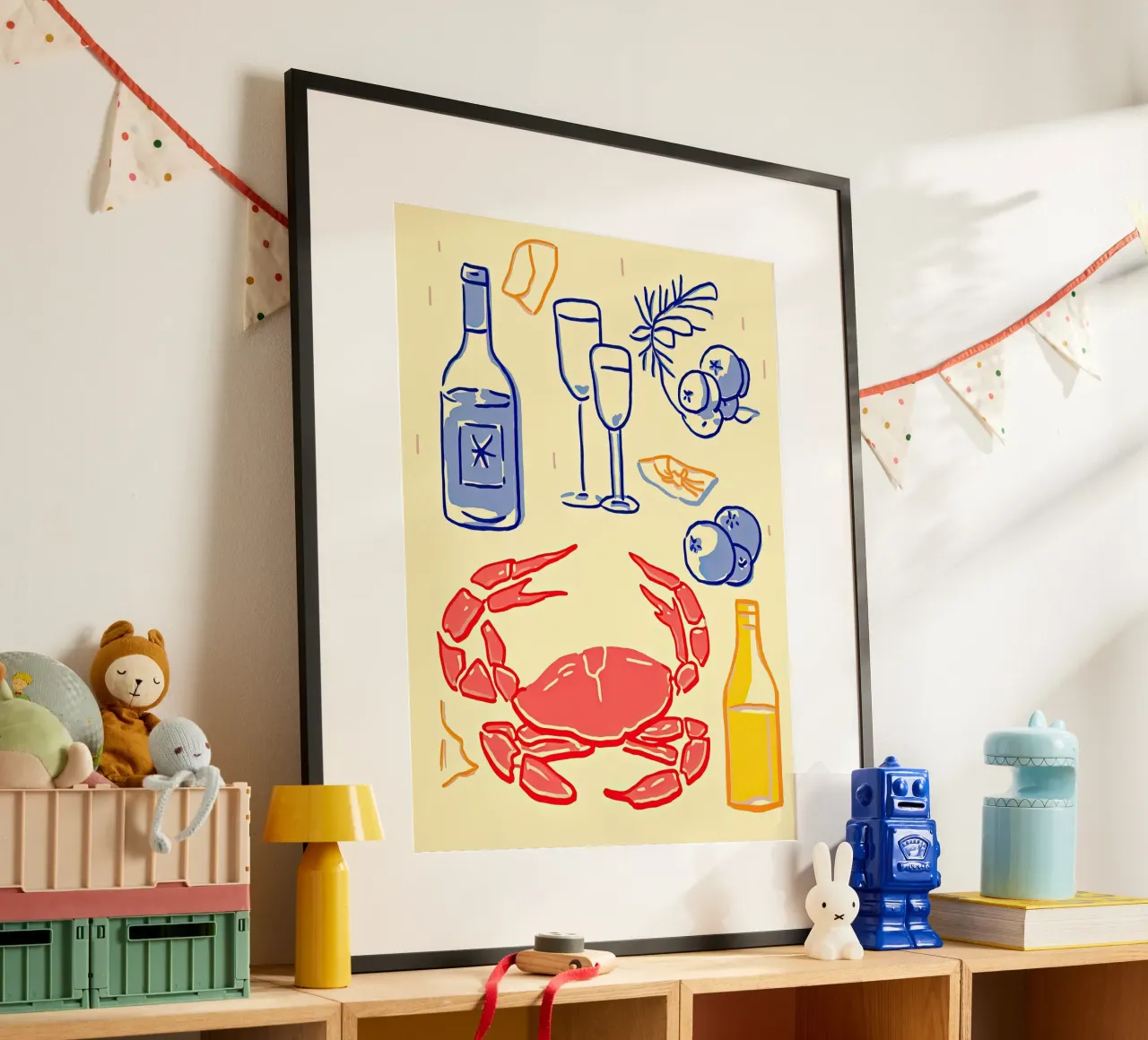 Granchio e vino, cibo per l'illustrazione della cucina poster con telaio in alluminio da Peaches Art Prints