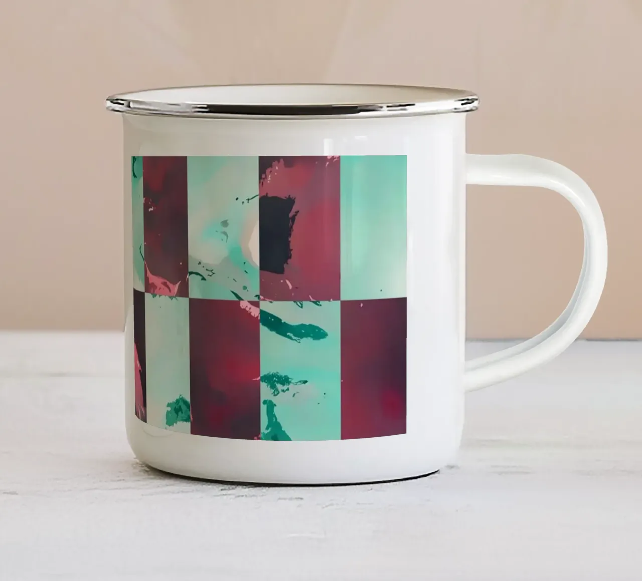 Mood Swings | Abstract dambord geometrisch schilderij emaille mok van 83oranges