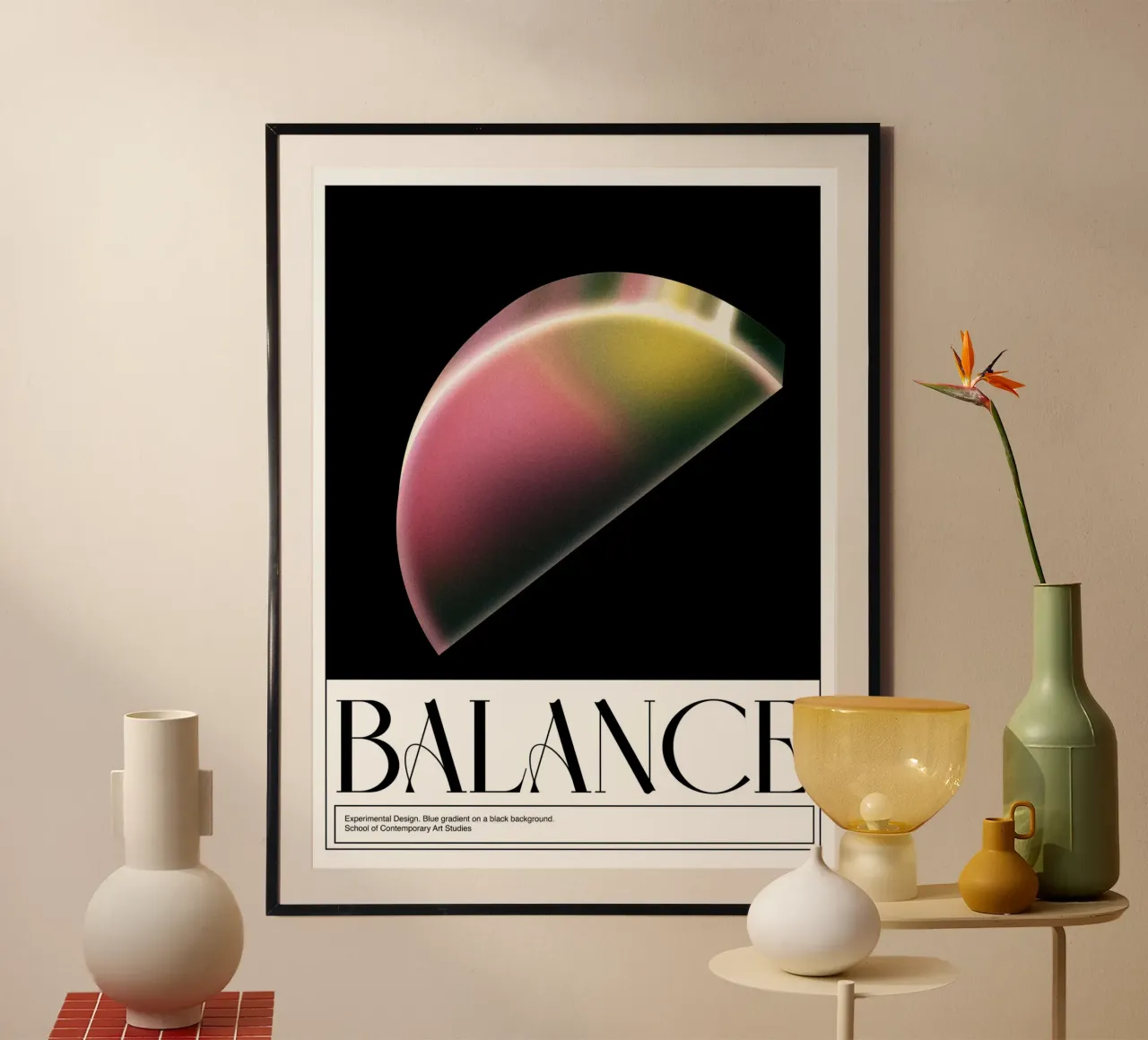 Evenwicht, 3D, Grafisch ontwerp Retro Poster poster met aluminium frame van Peaches Art Prints