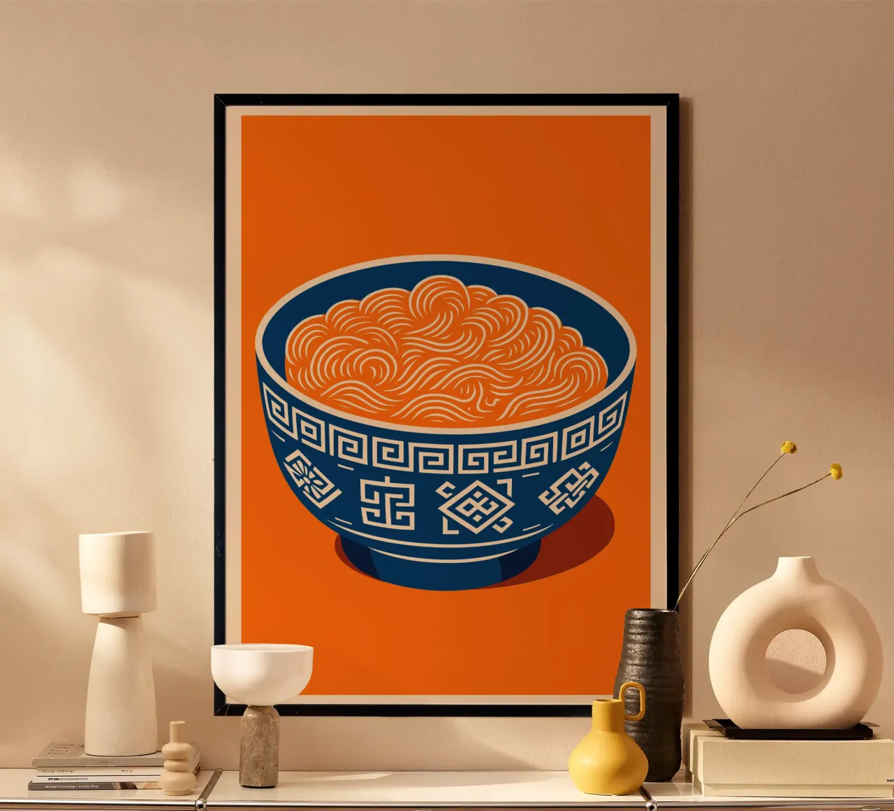 Ramen Art - Japanse noedelsoep in pop-artstijl poster met houten frame van Studio Mooodz
