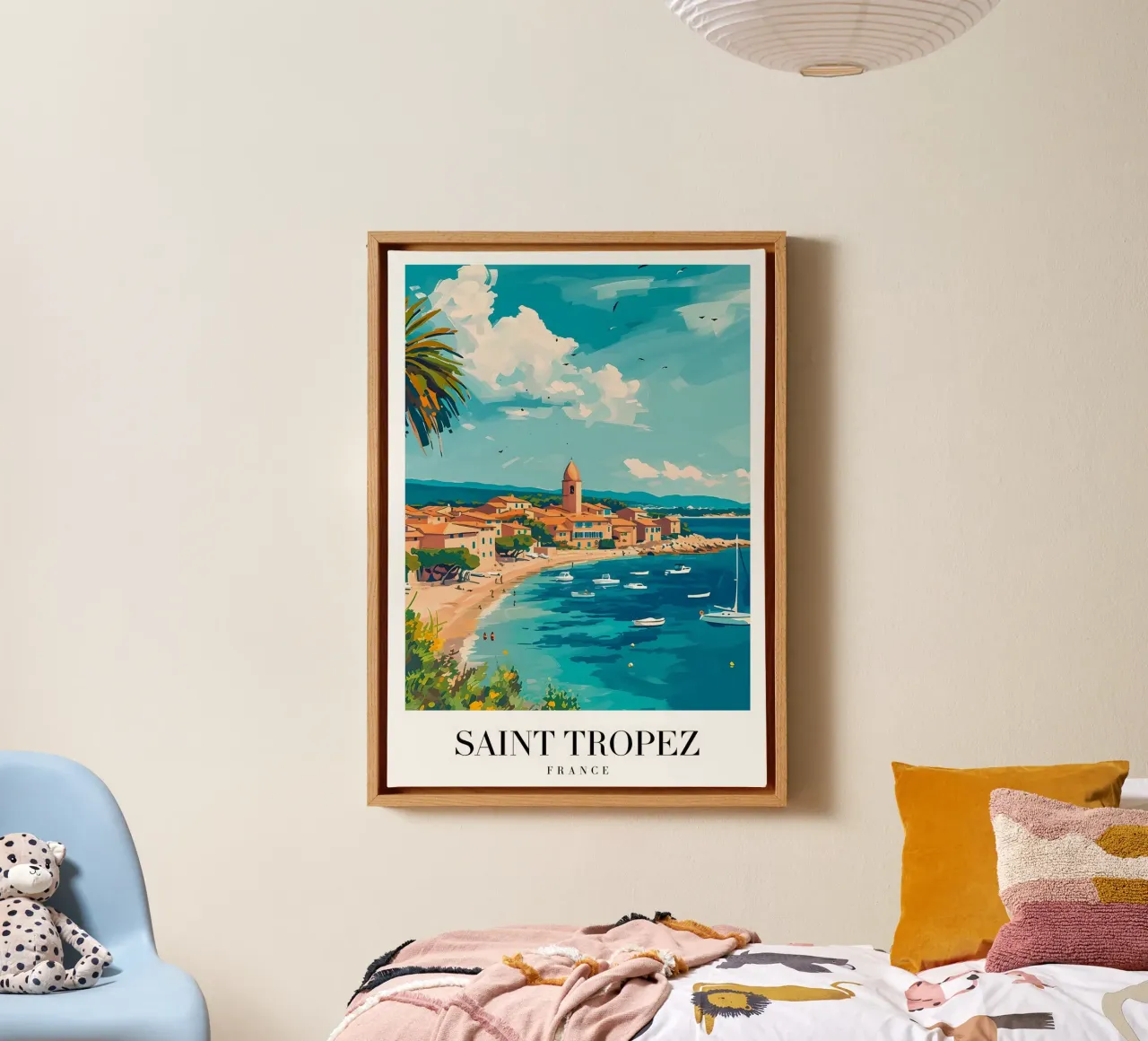 Zomer in Zuid-Frankrijk - Saint-Tropez Vintage Reisposter canvas met Baklijst van Studio Mooodz
