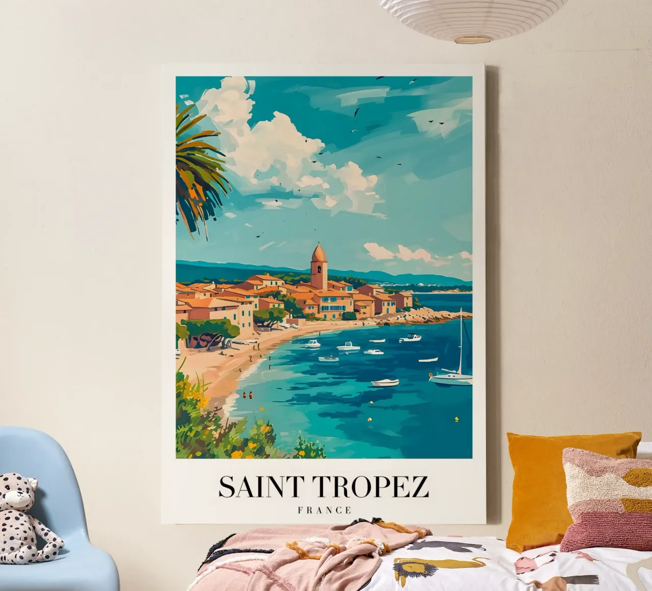 Zomer in Zuid-Frankrijk - Saint-Tropez Vintage Reisposter canvas met Baklijst van Studio Mooodz