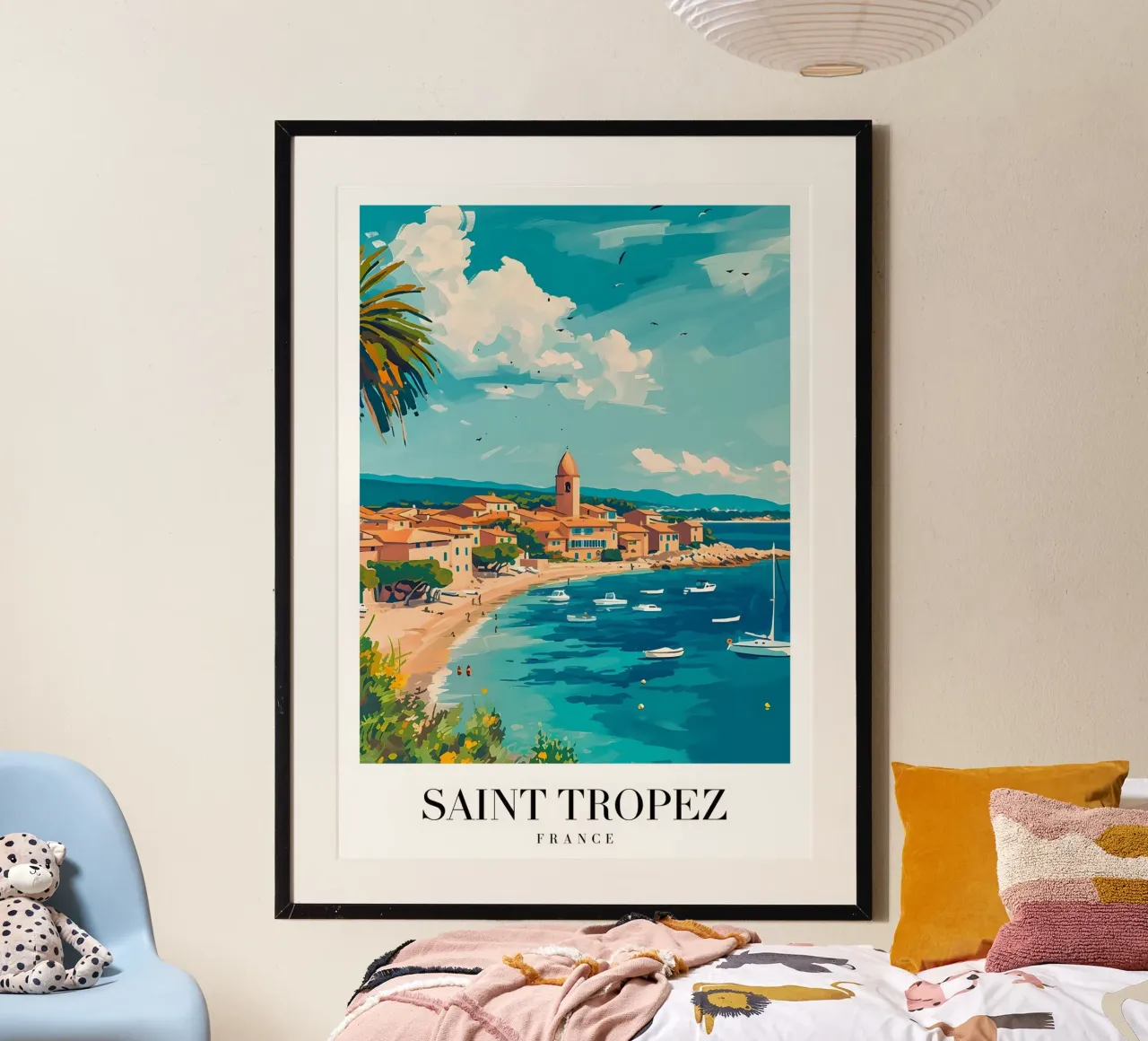 Zomer in Zuid-Frankrijk - Saint-Tropez Vintage Reisposter poster met kunststof frame van Studio Mooodz