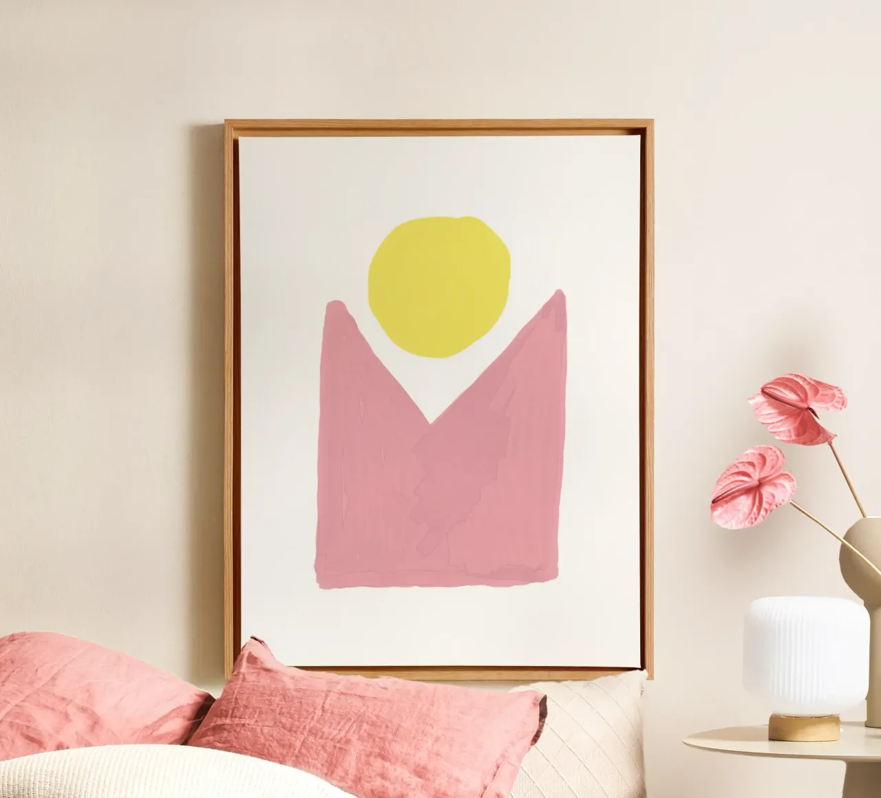 Forme astratte, Sole rosa e giallo, Pittura tela con Cornice a cassetta da Peaches Art Prints