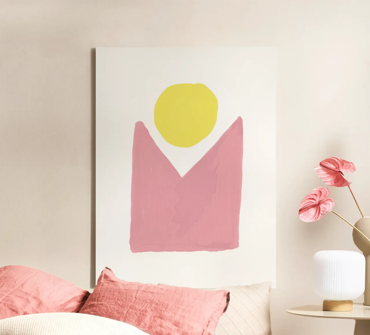 Forme astratte, Sole rosa e giallo, Pittura tela con Cornice a cassetta da Peaches Art Prints