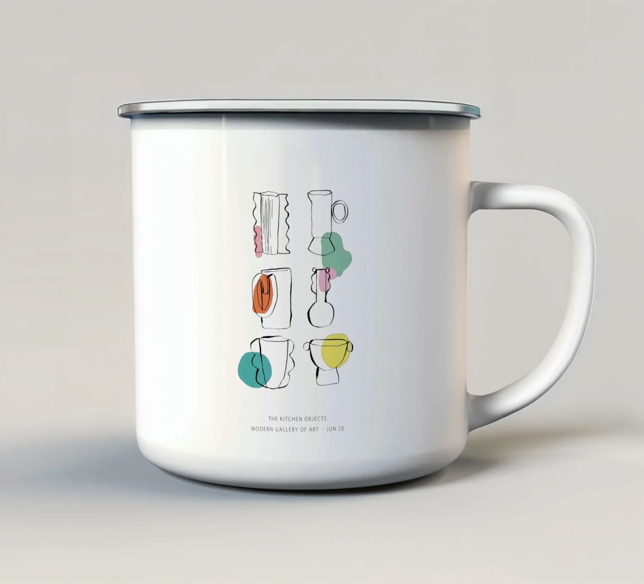 Kitchen Objects Decor - Line Art in Colours enamel mug by Peaches Art Prints