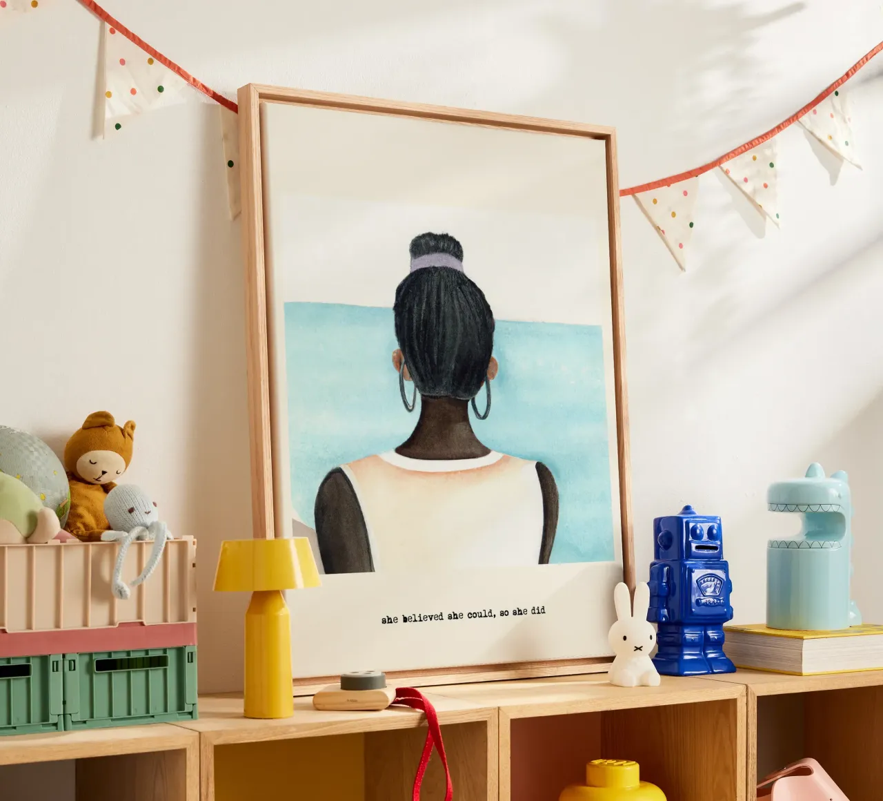 Sie glaubte, sie könnte es, also tat sie es. Zitat, Schwarzes Mädchen Leinwand mit Schattenfugenrahmen von Peaches Art Prints