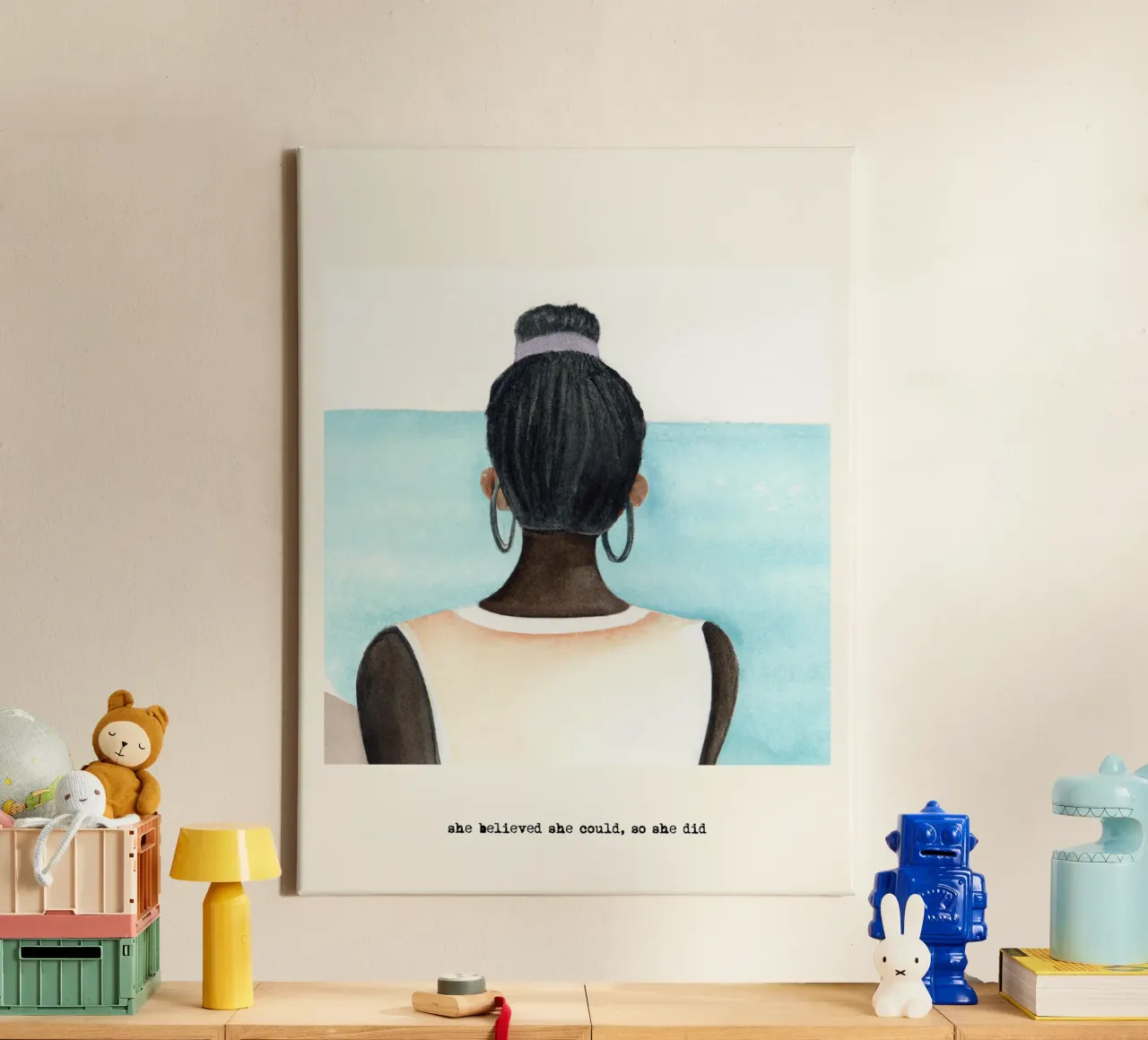 Sie glaubte, sie könnte es, also tat sie es. Zitat, Schwarzes Mädchen Leinwand mit Schattenfugenrahmen von Peaches Art Prints