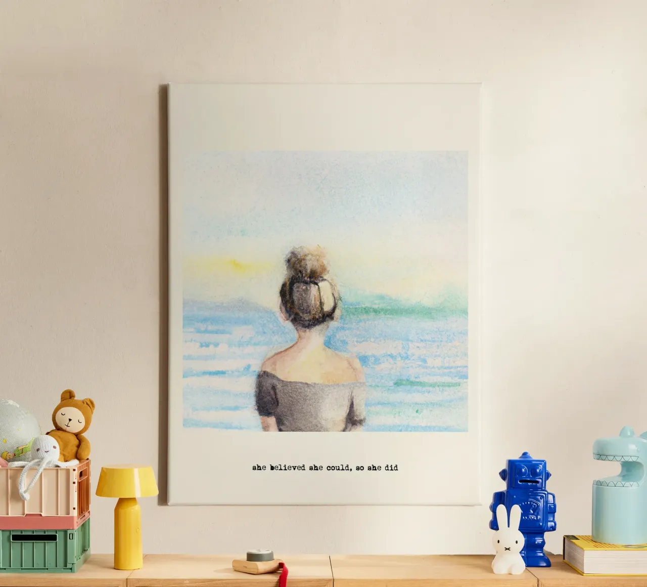 Sie glaubte, sie könnte es, also tat sie es. Zitat, Blondes Mädchen Leinwand mit Schattenfugenrahmen von Peaches Art Prints
