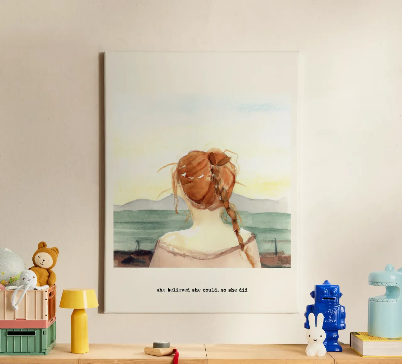 Sie glaubte, sie könnte es, also tat sie es. Zitat, Ginger Girl Leinwand mit Schattenfugenrahmen von Peaches Art Prints