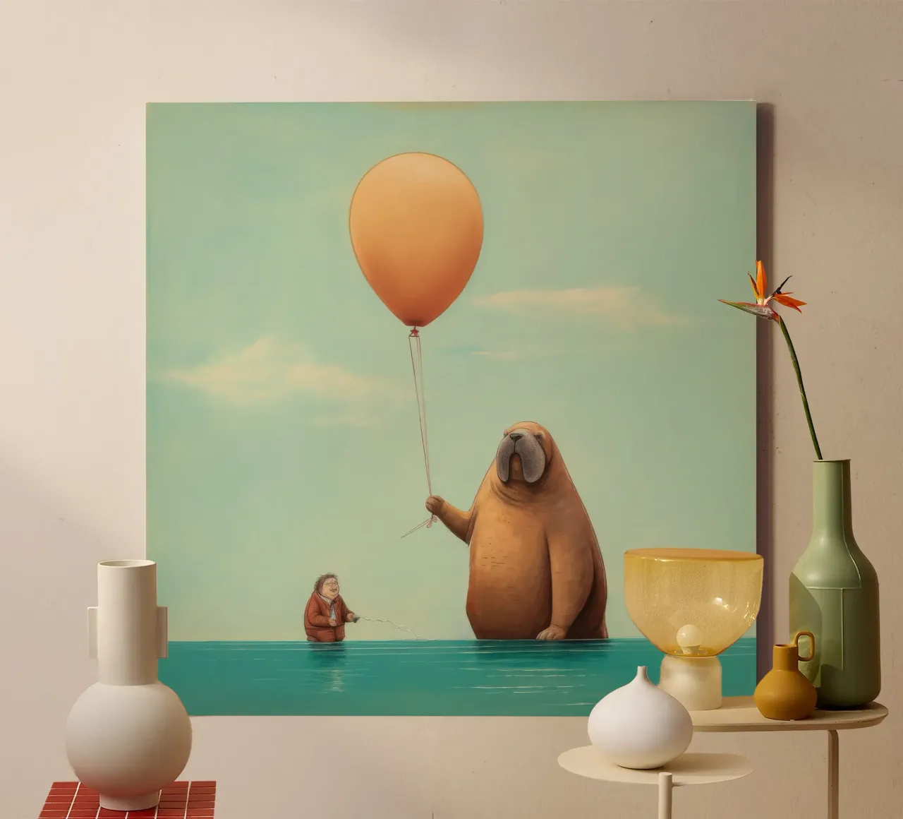 Tricheco minimo 3 tela con Cornice a cassetta da Minimal Animal Art