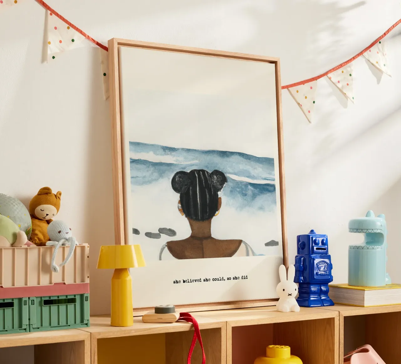 Sie glaubte, sie könnte es, also tat sie es. Zitat, Schwarze Frau Leinwand mit Schattenfugenrahmen von Peaches Art Prints