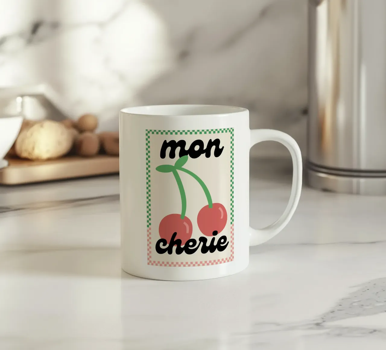 Mon Chéri - Illustrazione di ciliegie tazza in ceramica da Peaches Art Prints