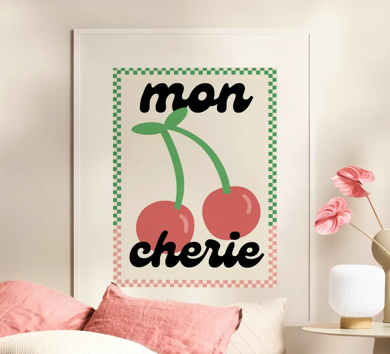 Mon Chéri - Illustrazione di ciliegie poster con telaio in plastica da Peaches Art Prints