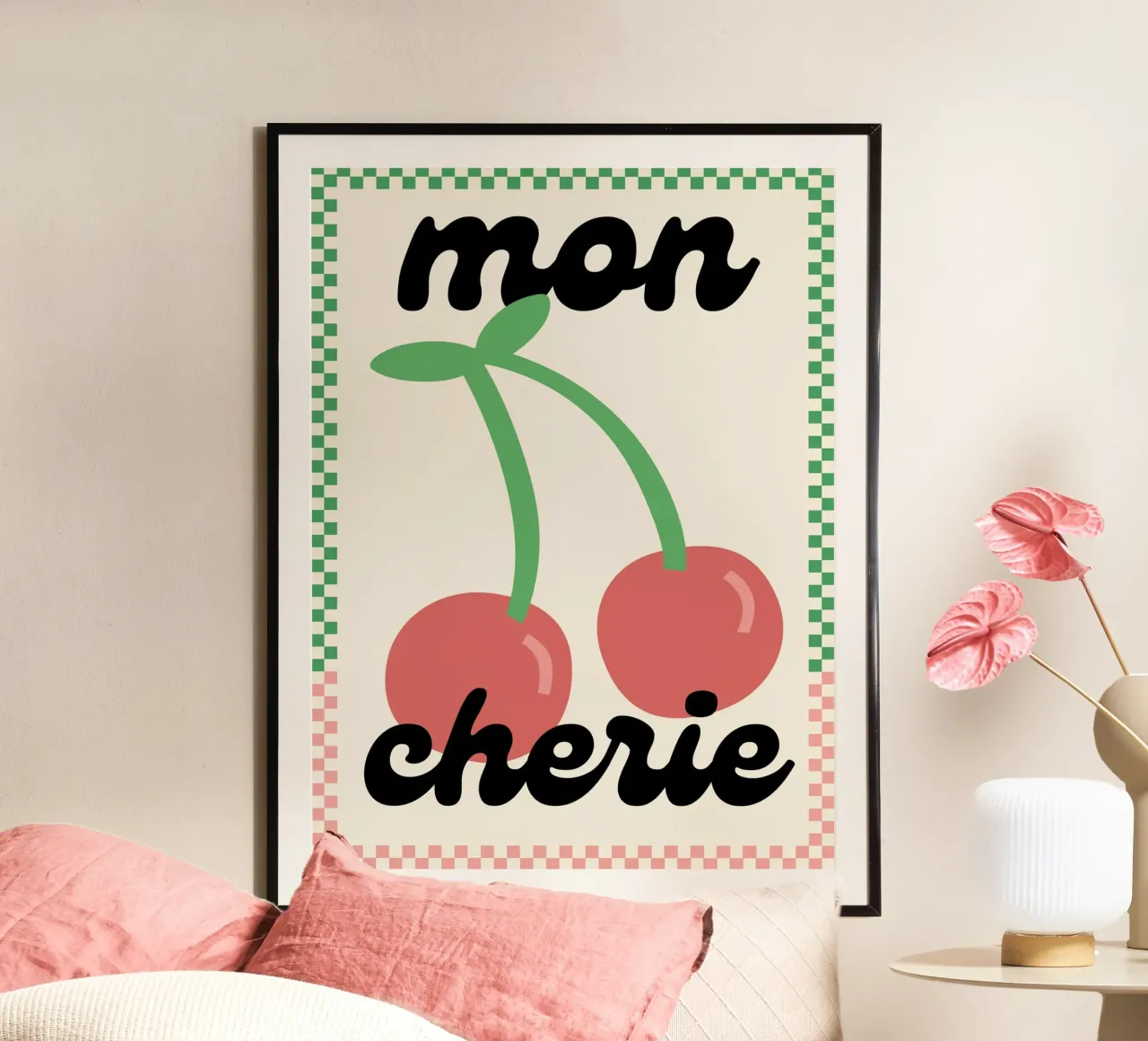 Mon Chéri - Illustrazione di ciliegie poster con telaio in plastica da Peaches Art Prints