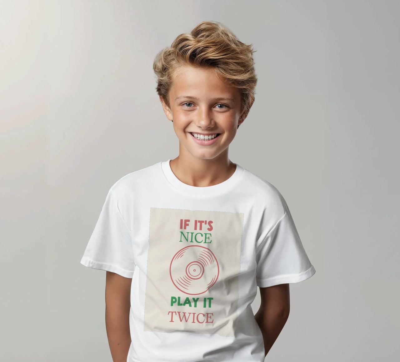 If it's Nice, Play It Twice - Zitat Musikplatte Kinder T-Shirt von Peaches Art Prints
