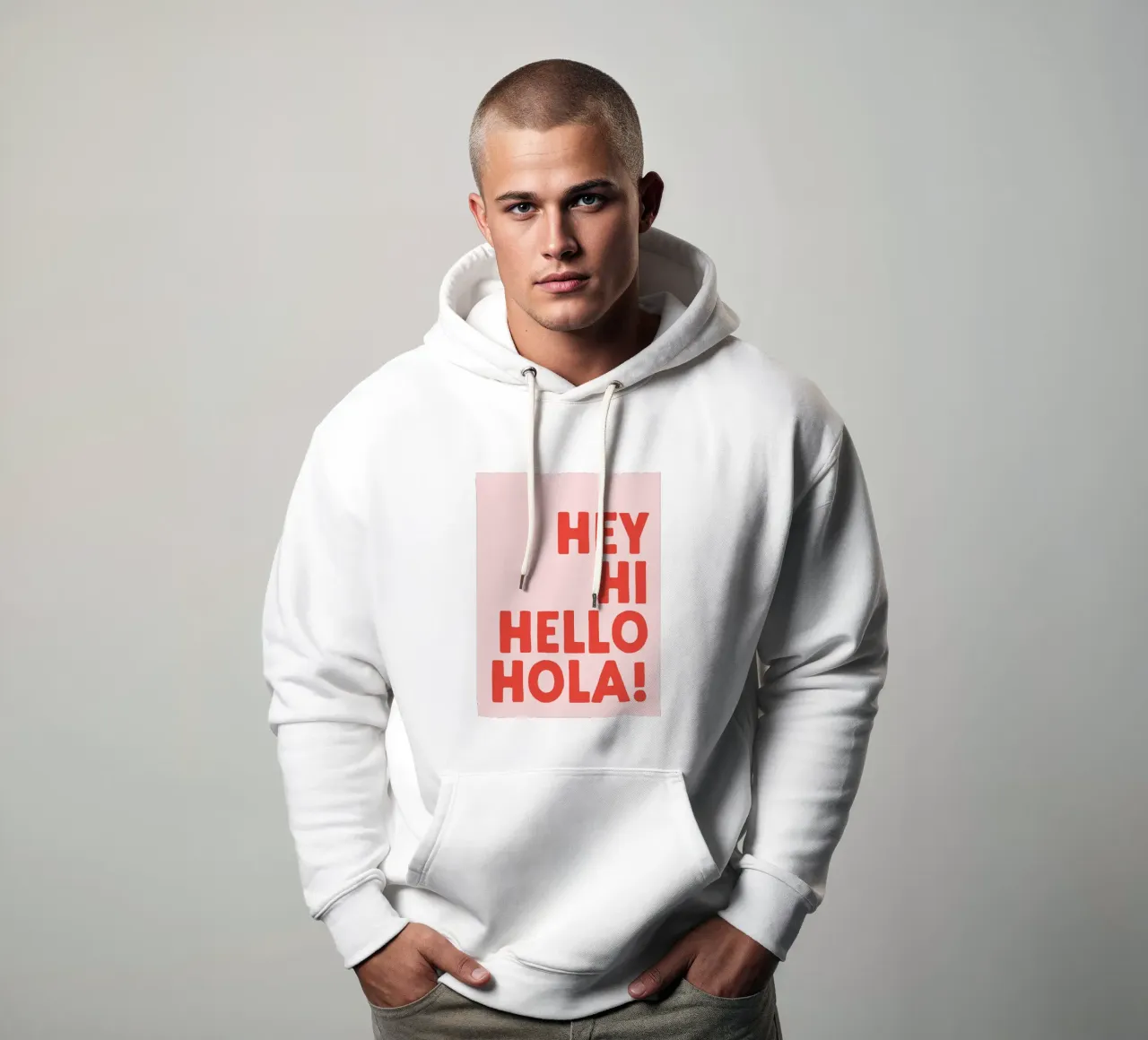 Hey, Hi Hello, Hola - Linguaggi tipografici felpa con cappuccio da Peaches Art Prints