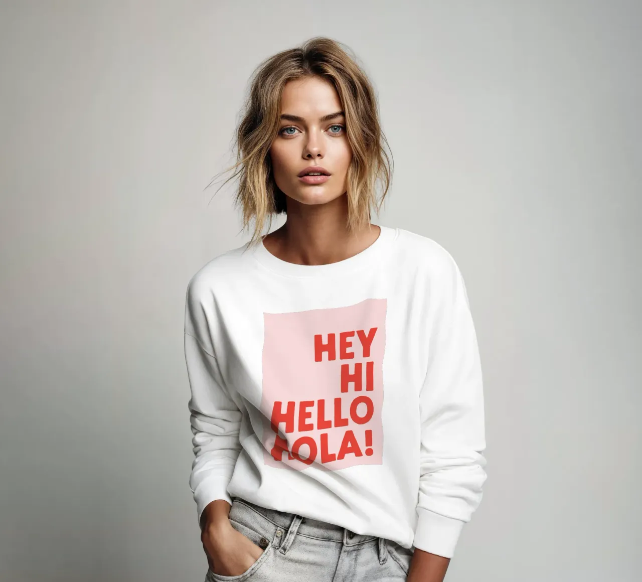 Hey, Hi Hello, Hola - Linguaggi tipografici felpa da Peaches Art Prints
