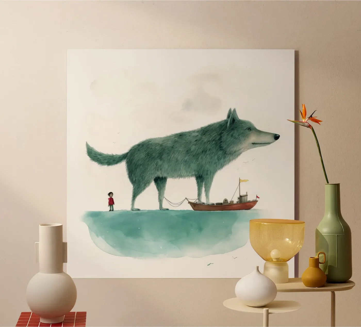 Minimalistische wolf acryl van Minimal Animal Art