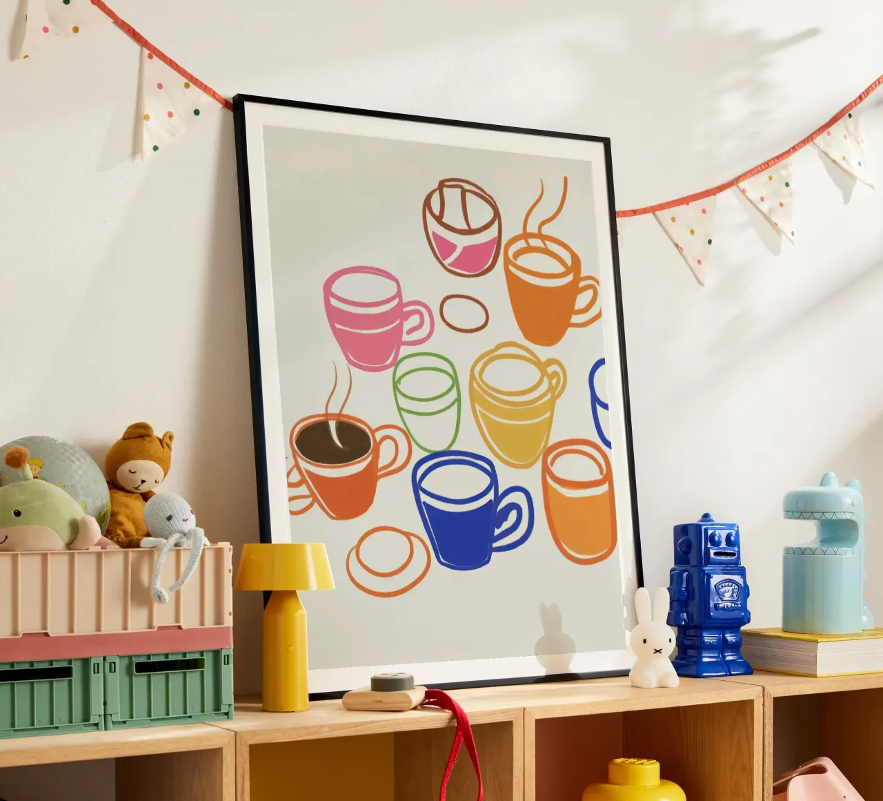 Tazze da caffè - Illustrazione di cucina poster con telaio in legno da Peaches Art Prints