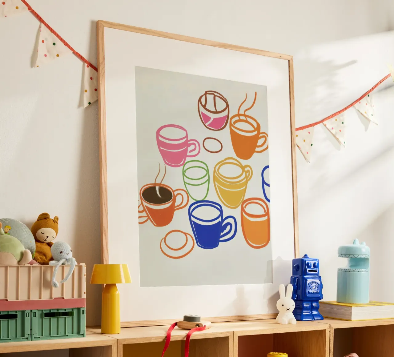 Tazze da caffè - Illustrazione di cucina poster con telaio in legno da Peaches Art Prints