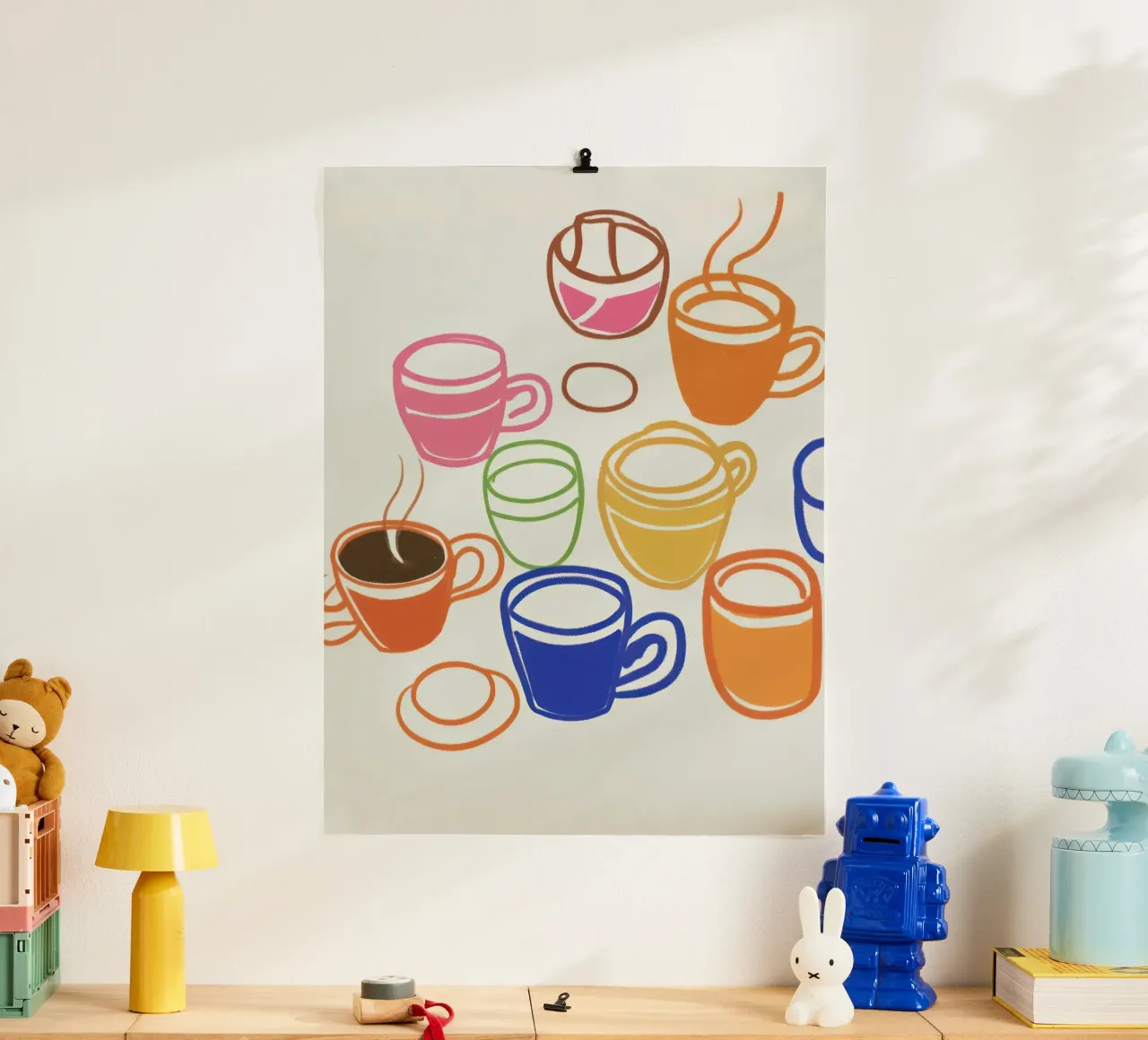 Tazze da caffè - Illustrazione di cucina poster con telaio in legno da Peaches Art Prints