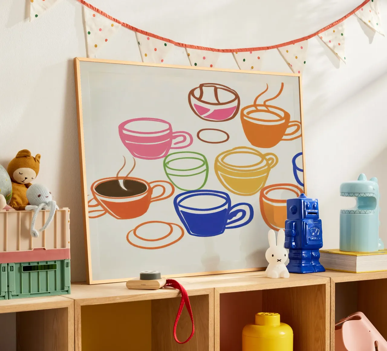 Tazze da caffè - Illustrazione di cucina poster con telaio in legno da Peaches Art Prints
