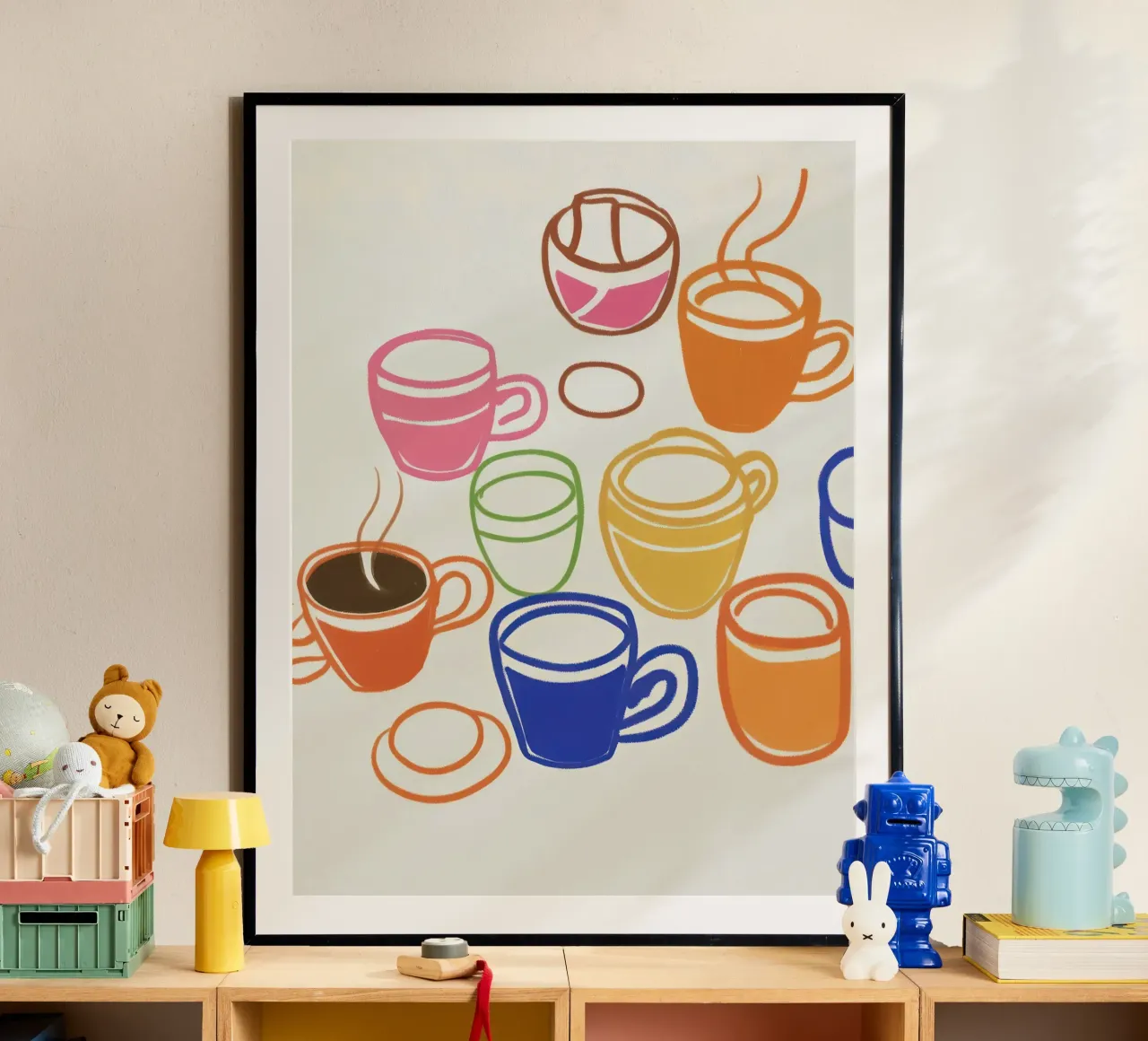Tazze da caffè - Illustrazione di cucina poster con telaio in legno da Peaches Art Prints