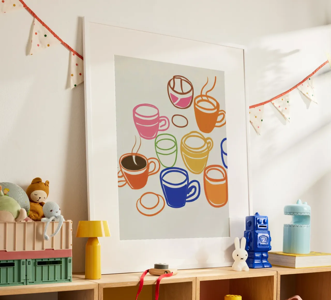 Tazze da caffè - Illustrazione di cucina poster con telaio in legno da Peaches Art Prints