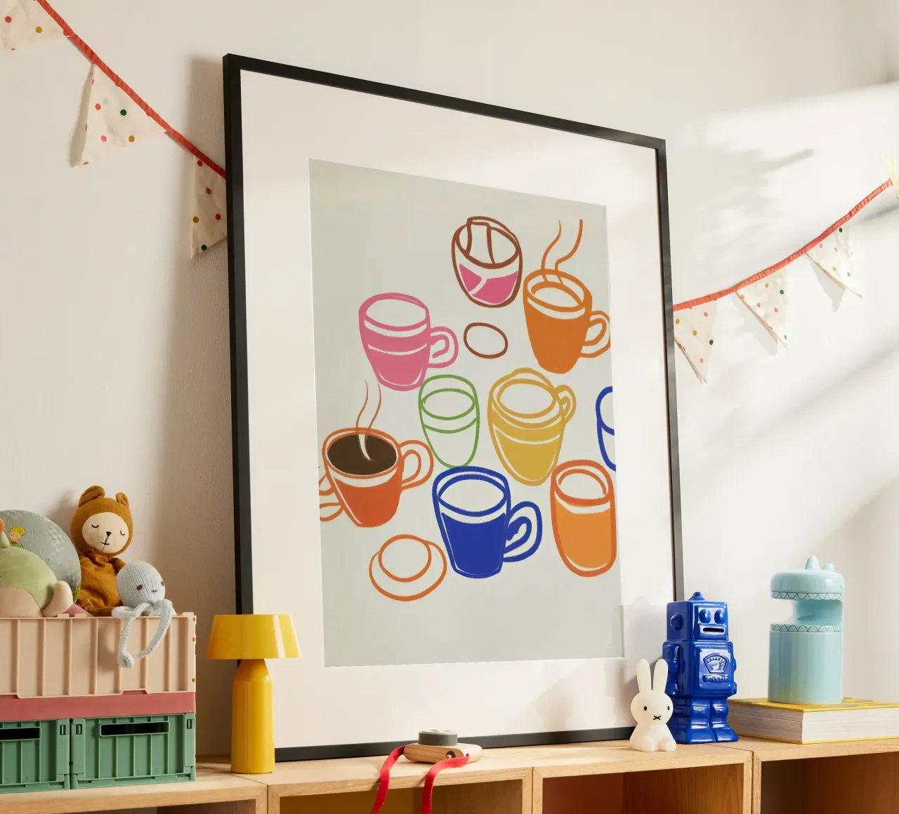 Tazze da caffè - Illustrazione di cucina poster con telaio in legno da Peaches Art Prints
