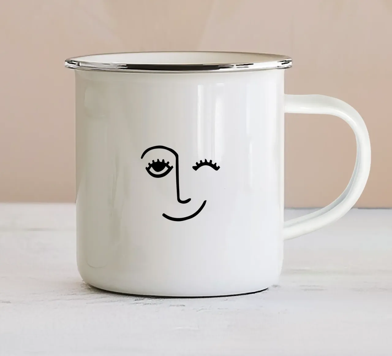 Wink - Line Art Face enamel mug by Peaches Art Prints