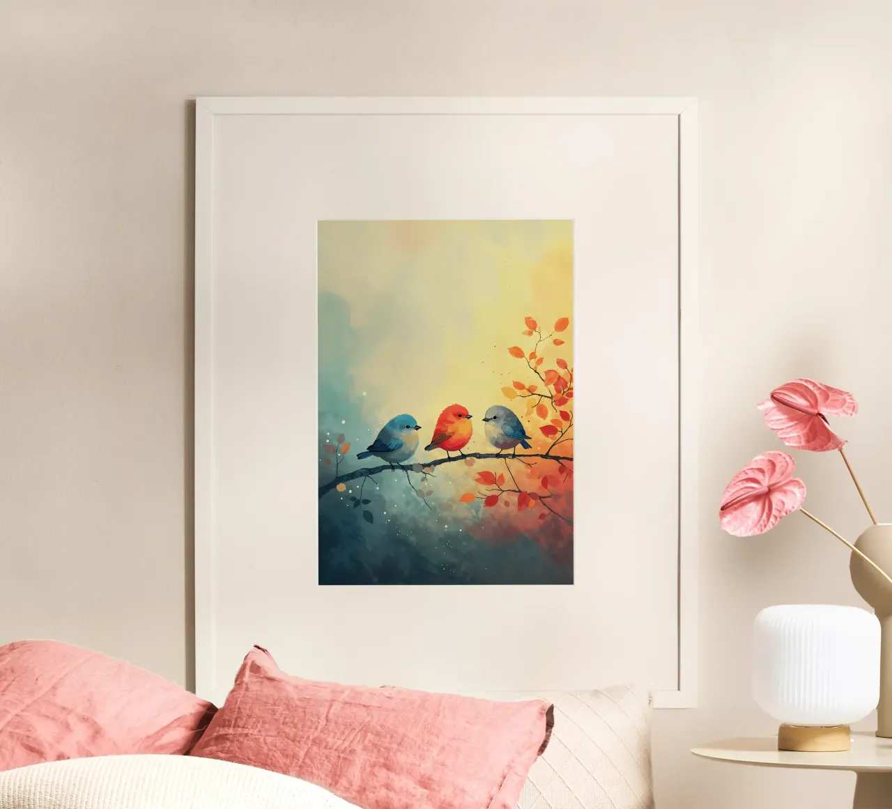 Trio di uccelli autunnali poster con telaio in legno da Manh beo