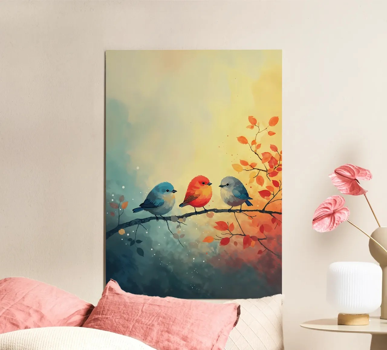 Trio di uccelli autunnali poster con telaio in legno da Manh beo