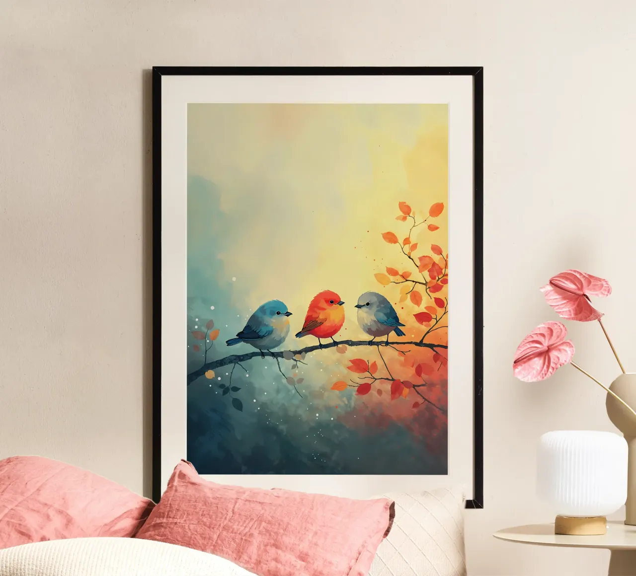 Trio di uccelli autunnali poster con telaio in legno da Manh beo