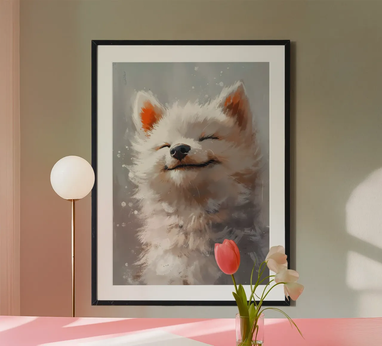Blissful Bunny_ Sorrisi sereni in colori pastello poster con telaio in legno da Manh beo