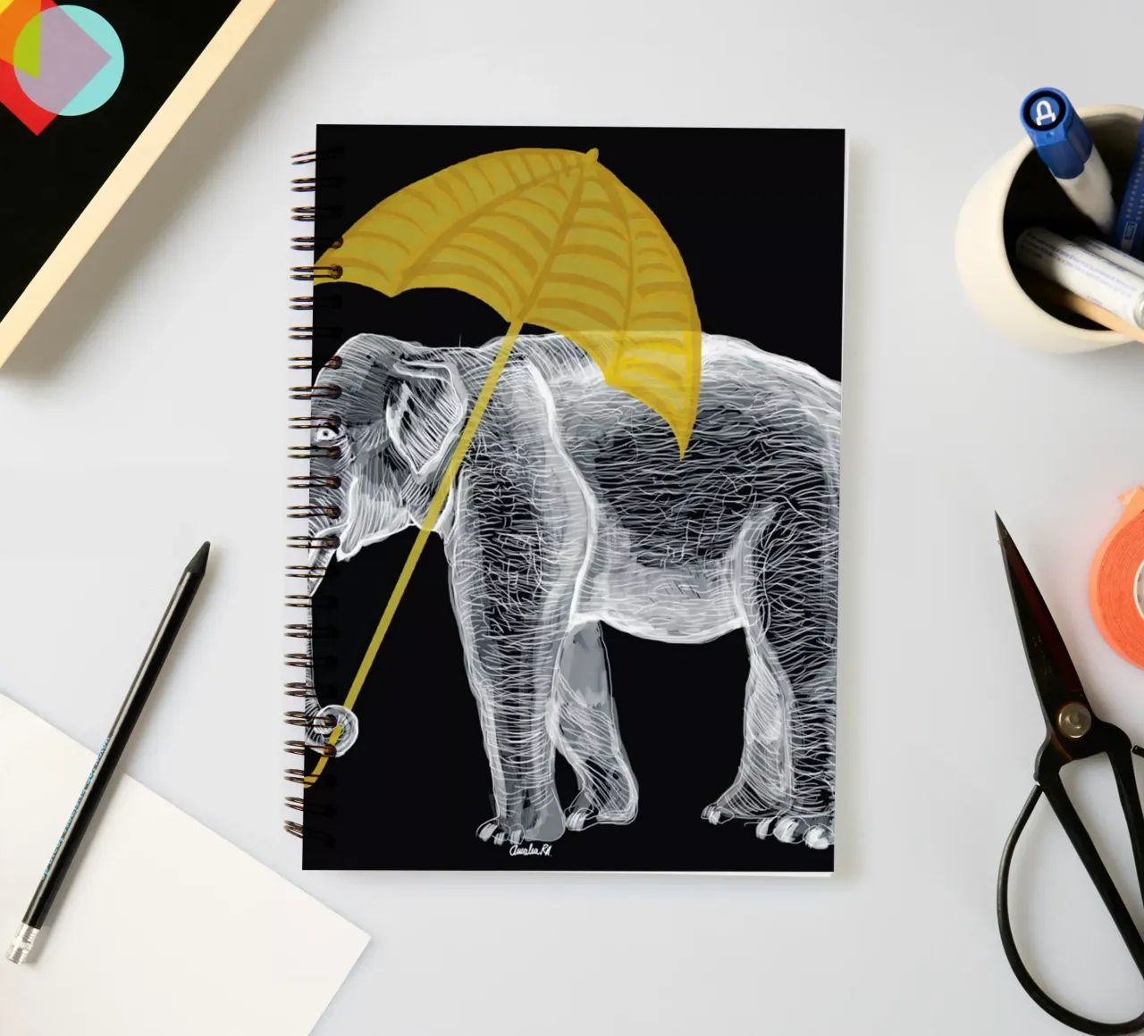 Elephant with Umbrella spiral notebook by Amalia Restrepo